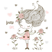 Lovely Is A Little Girl With Flowers Of Roses. Vector.