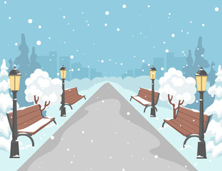 Poster - Cartoon Color Winter City Park Scene Concept. Vector