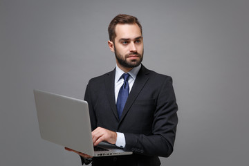 Young business man in classic black suit shirt tie posing isolated on grey background. Achievement career wealth business concept. Mock up copy space. Working on laptop pc computer, looking aside.