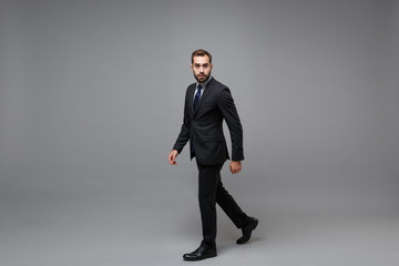 Wall Mural - Side view of confident young bearded business man in classic black suit shirt tie posing isolated on grey background. Achievement career wealth business concept. Mock up copy space. Looking camera.