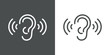 Icono plano lineal oreja con ondas de sonido en fondo gris y fondo blanco