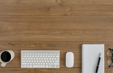 Flat lay, top view wooden office desk Workspace