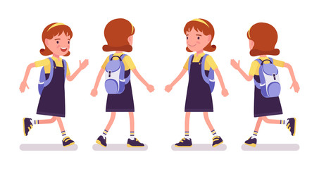 Wall Mural - School girl running. Cute small lady in pretty pinafore dress with rucksack, active young kid, smart elementary pupil aged between 7, 9 years old. Vector flat style cartoon illustration, front, rear