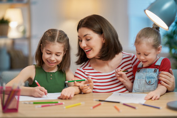 Wall Mural - Mother and daughters drawing together