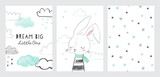 Fototapeta Fototapety na ścianę do pokoju dziecięcego - Set of cute baby shower cards or nursery posters. Hand drawn bunny, clouds, stars, phrase dream big little one. Vector illustrations for invitations, greeting cards, posters