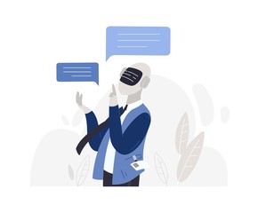 Wall Mural - male character robot with artificial intelligence isolated on white background. chatting with chatbo