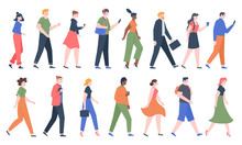 Walking People. Business Men And Women Walk Side Profiles, People In Seasonal And Office Clothes. Young And Elderly Moving Stylish Characters. Walkers Isolated Vector Illustration Icons Set