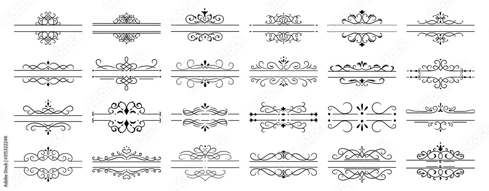 Calligraphic dividers. Decorative retro page divider borders, wedding calligraphic frame and ornamental swirls floral frames. Elegant royal ornamentation vintage vector isolated icons set - obrazy, fototapety, plakaty 