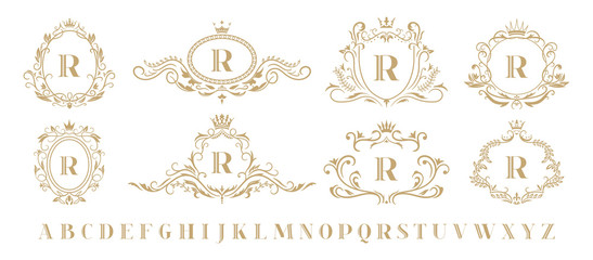 luxury monogram. vintage ornamental decorative monograms, retro luxury golden wreath emblem and baro