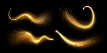 Magical Gold Sparkles Dust. Golden Lighting Sparkle Trail, Glittering Shiny Magic Textured Path. Glowing Stardust Wave, Glitter Spark Or Magical Starry Light Isolated Vector Illustration Set