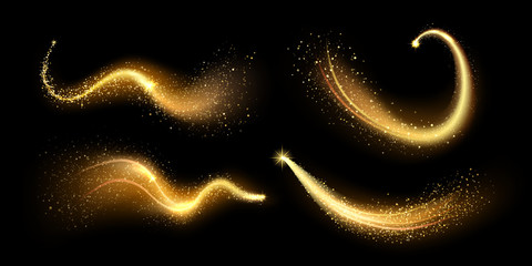 Magical gold sparkles dust. Golden lighting sparkle trail, glittering shiny magic textured path. Glowing stardust wave, glitter spark or magical starry light isolated vector illustration set