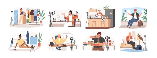 Set of bloggers and vloggers cartoon people making internet content vector flat illustration. Character creating video for blog or vlog review. Creative famous influencer shooting vlogging occupation.