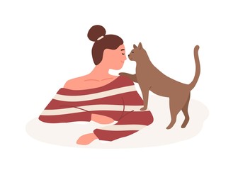 Smiling girl with tenderness playful cat vector flat illustration. Kindness, goodness, animal care concept. Happy woman playing with four-legged pet friend isolated on white background.