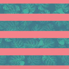 Poster - Tropical stripes seamless vector pattern. Teal blue and coral red horizontal striped texture with monstera palm leaf shapes. Philodendron leaves texture. Repeating contemporary geometric background. 