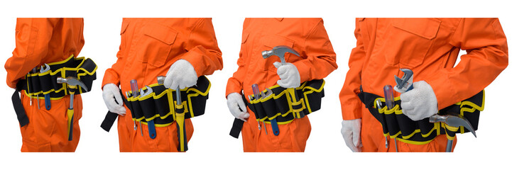 Collection set of construction workers wearing Orange Protective clothes, helmet hand holding Craftsman tool with tool belt isolated on white backround