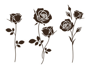 Aufkleber - Set of decorative rose with leaves. Flower silhoutte. Vector illustration