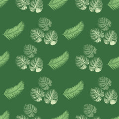 Wall Mural - Tropical palm leaves seamless vector background. Exotic nature repeating background. Jungle floral backdrop in green beige white. Monstera, Philodendron, and Areca palm leaf. For fabric, beach wear