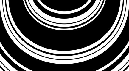 Monochrome circle arc linear pattern design. Motion stripes optical illusion background.