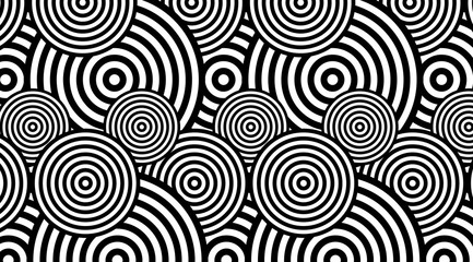 Poster - Trendy circular black and white pattern background vector design. Optical illusion spins backdrop.