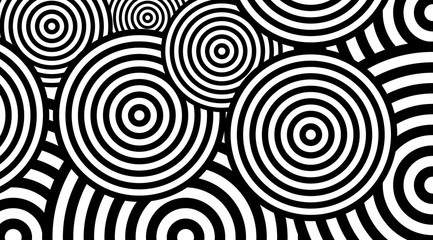 Aufkleber - Trendy circular black and white pattern background vector design. Optical illusion spins backdrop.