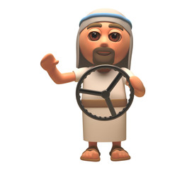 Wall Mural - Cartoon 3d Jesus Christ character holding a steering wheel, 3d illustration
