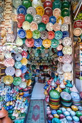 Colorful ceramic bowls sold in old town of Marrakech, Morocco