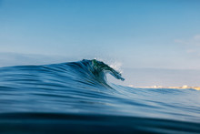 Barrel Wave For Surfing In Ocean. Breaking Transparent Wave