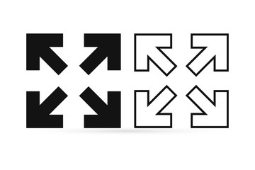 Arrow set isolated on white. Outline extend icon. Resize sign. Diagonal. Enlarge art line symbol. Sketch vector stock illustration