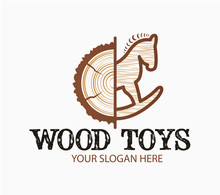 Abstract Creative Concept Wood Toys Logo With Wooden Texture. From Log To Toy Idea. Design For Print, Emblem, T-shirt, Party Decoration, Sticker, Logotype