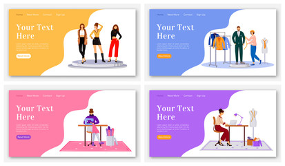 Wall Mural - Fashion designer landing page flat color vector template set. Creating clothes homepage layout. Design runway outfits one page website interface with cartoon illustration. Atelier banner, webpage