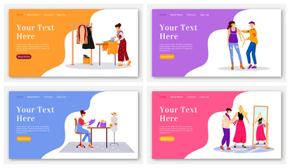 Wall Mural - Fashion designer landing page flat color vector template set. Taking measurements homepage layout. Design and sew clothes one page website interface with cartoon illustration. Atelier banner, webpage