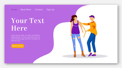 Wall Mural - Fashion designer landing page flat color vector template. Taking measurements of female homepage layout. Design clothes one page website interface with cartoon illustration. Atelier banner, webpage
