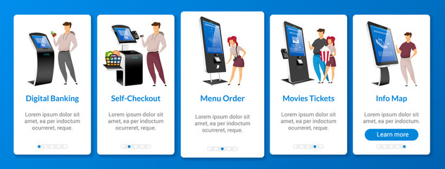 Digital banking onboarding mobile app screen flat vector template. Self order kiosk walkthrough website steps with characters. Online paying system UX, UI, GUI smartphone cartoon interface