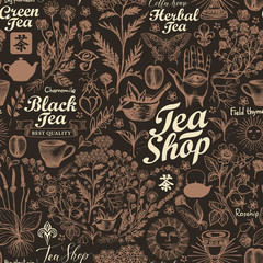 Wall Mural - abstract seamless pattern with hand-drawn herbs, kitchen items and inscriptions. vector background o