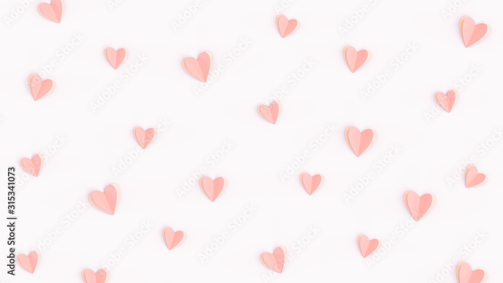 Pink cute hearts made of paper isolated on bright pink background, flat lay composition. Romantic paper-cut heart pattern, Valentines day concept, minimalist backdrop. Love wallpaper, pastel colors. - obrazy, fototapety, plakaty 
