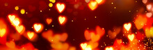 Valentine's Day Banner Background. Holiday Blinking Abstract Background With Glowing Hearts. Love Symbol, Copy Space