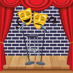 Poster - theatrical masks microphones stool stand up comedy show