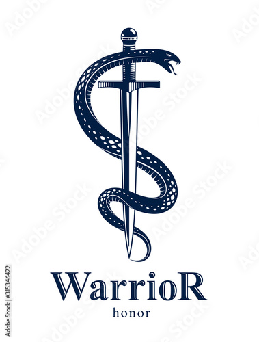 Fotografía Snake and Dagger, Serpent wraps around a sword vector vintage tattoo, Roman god Mercury, luck and trickery, allegorical logo or emblem of ancient symbol