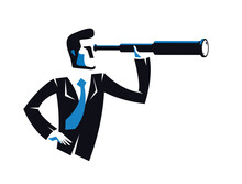 Businessman Looking For Opportunities In Spyglass Business Concept Vector Illustration, Young Handsome Business Man Searches New Perspectives.