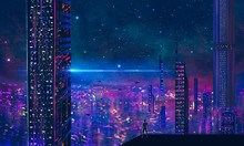Man Standing On Roof And Look To Abstract Modern Sci-fi Colorful City With Night Sky And Stars. 3D Illustration