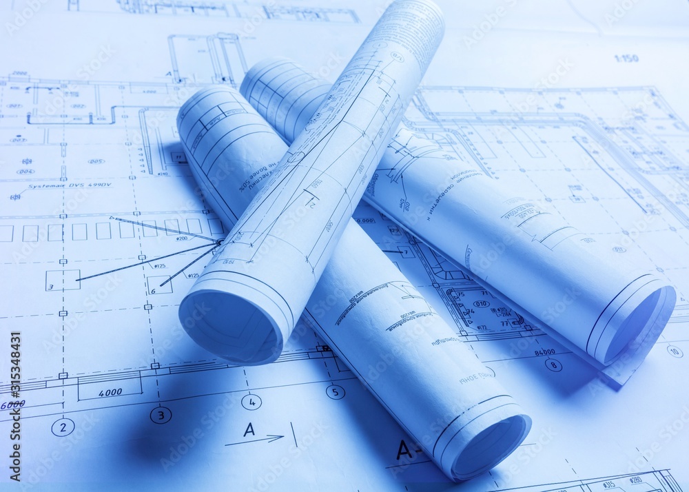Tube blueprints construction on architect paper - obrazy, fototapety, plakaty 