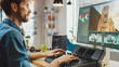© Gorodenkoff - Male Video Editor with Beard and Jeans Shirt Works with Footage on His Computer Using an Editing Console Deck. He Works in a Cool Office Loft. Other Female Creative Colleague Works in the Background.
