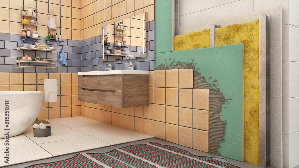 Fototapete Walls And Floor Thermal Insulation In Bathroom Interior 3d Illustration Sveta