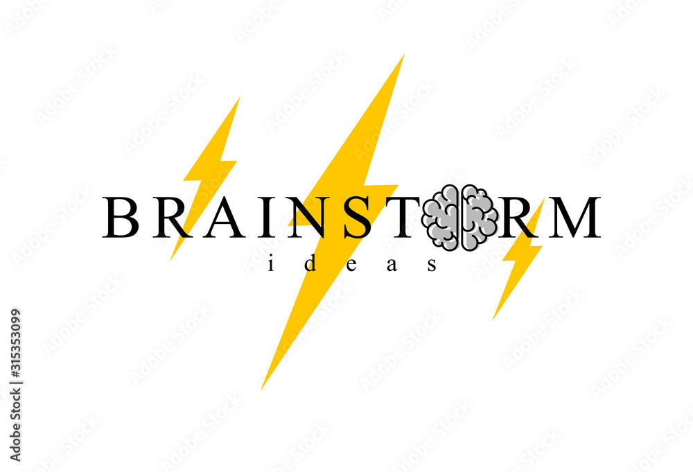 Brainstorm concept vector logo or icon, human brain and lightning bolt ...