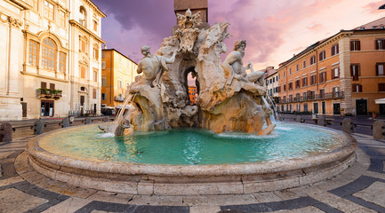Fototapete - Fountain of the Four Rivers (Fontana dei Quattro Fiumi) on the Piazza Navona, Rome. Italy