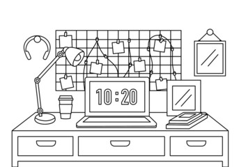 Hand drawn line art office desk with office accessories. Doodle desk design for workplace or workspace vector illustration.