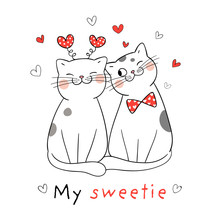Draw Couple Love Of Cat With Little Red Heart For Valentine.