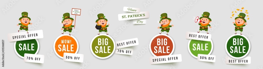 Saint Patricks Day sale isolated stickers with leprechauns. Set of paper cut vector banners with funny traditional characters. Collection of elements for holiday promotions and discounts - obrazy, fototapety, plakaty 