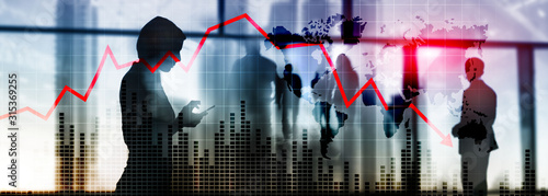 Cuadros en Lienzo Chart with red down arrow on abstract background
