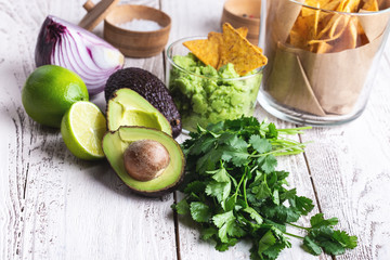 Wall Mural - Mexican traditional food, guacamole sauce ingredients  avocado, red onion, cilantro, lime and tortilla corn chips